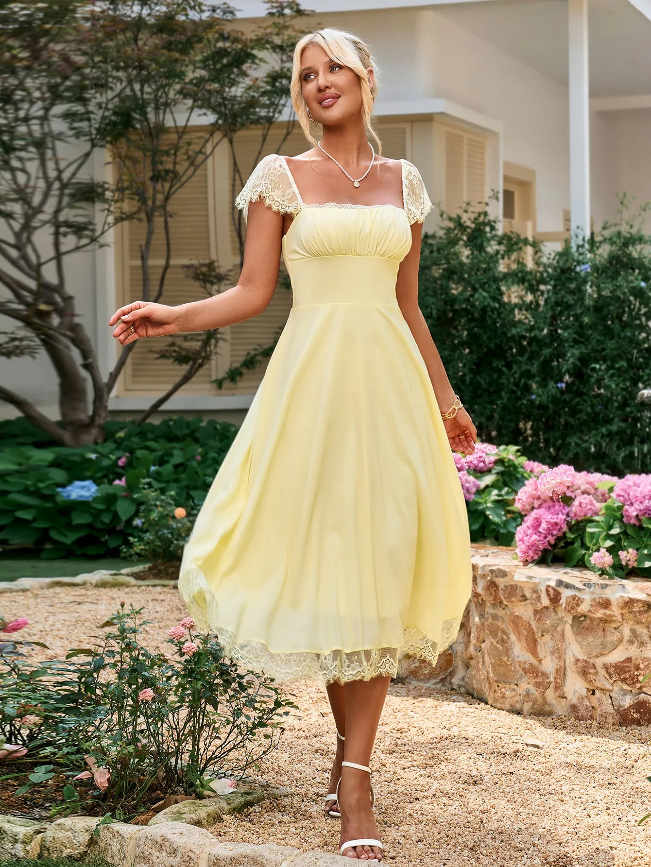 Contrast Lace Ruched Bust Square Neck Dress