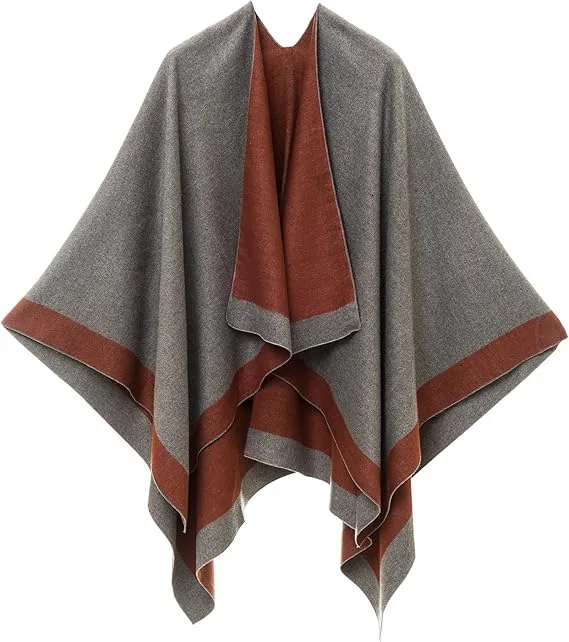 Gray-Blue Luxurious Knit Sweater Poncho Cardigan