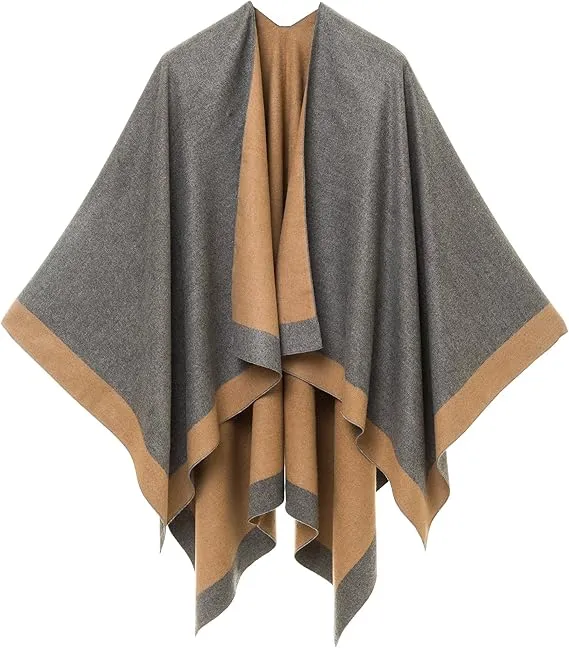 Gray-Blue Luxurious Knit Sweater Poncho Cardigan