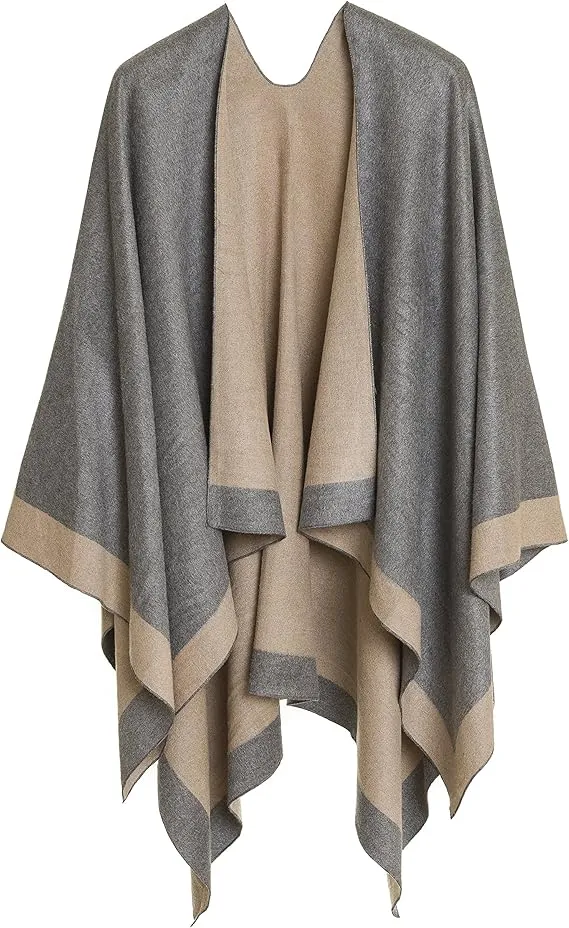Gray-Blue Luxurious Knit Sweater Poncho Cardigan