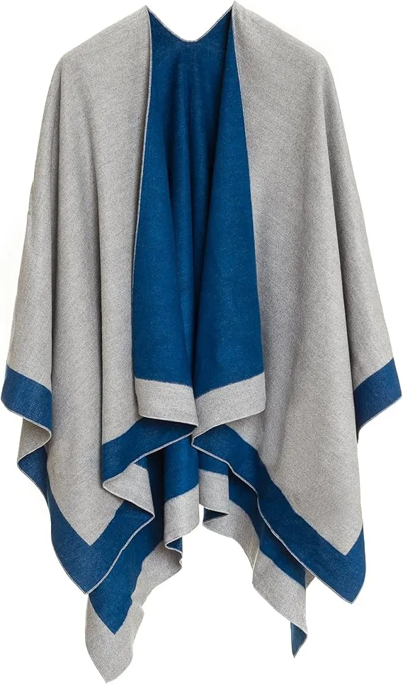 Gray-Blue Luxurious Knit Sweater Poncho Cardigan