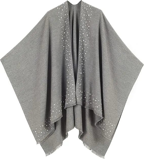 Gray-Blue Luxurious Knit Sweater Poncho Cardigan