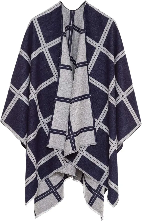 Gray-Blue Luxurious Knit Sweater Poncho Cardigan