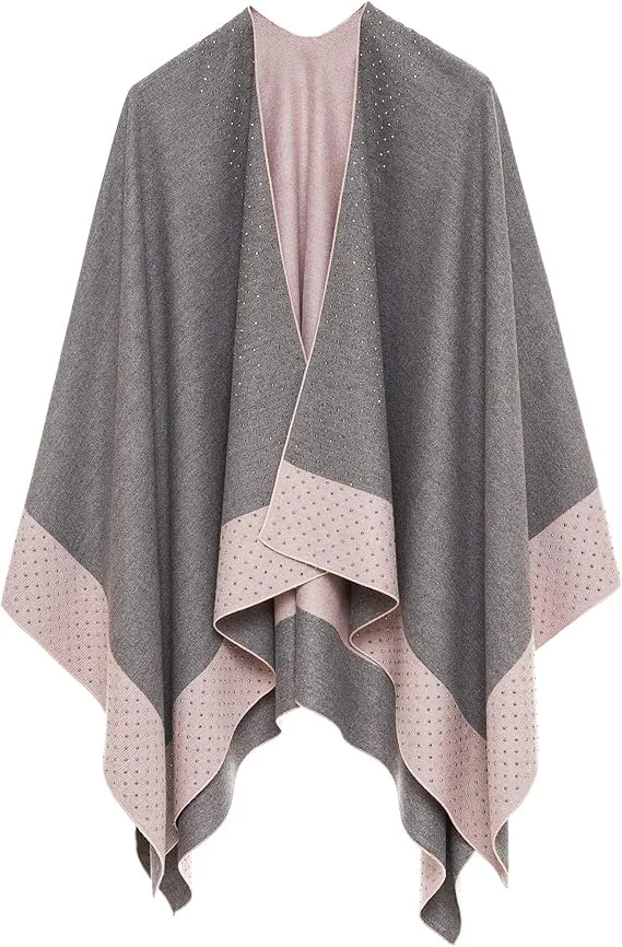Gray-Blue Luxurious Knit Sweater Poncho Cardigan