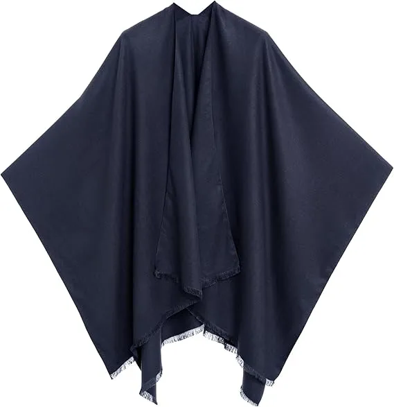 Gray-Blue Luxurious Knit Sweater Poncho Cardigan