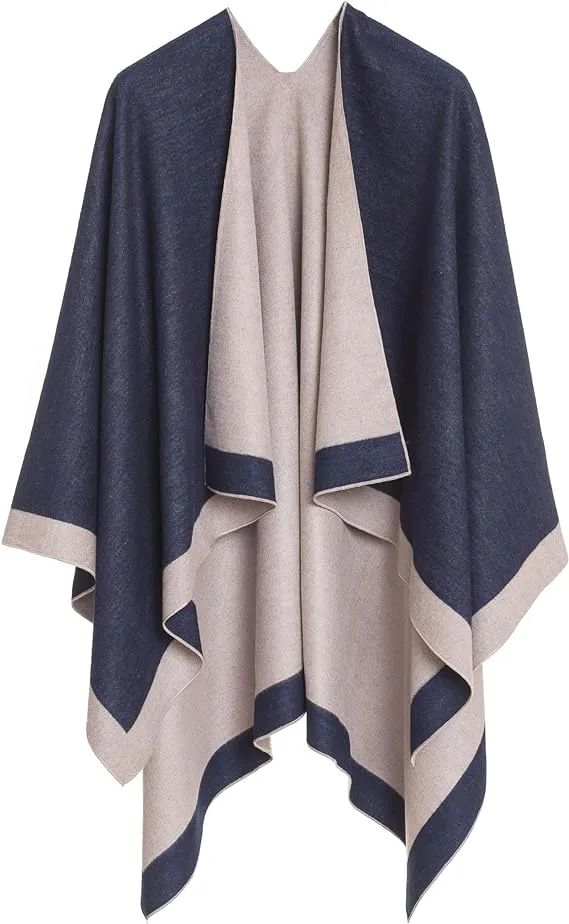 Gray-Blue Luxurious Knit Sweater Poncho Cardigan