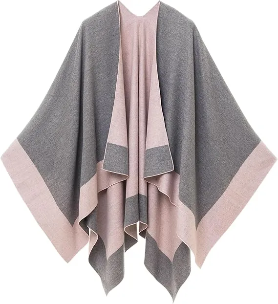 Gray-Blue Luxurious Knit Sweater Poncho Cardigan