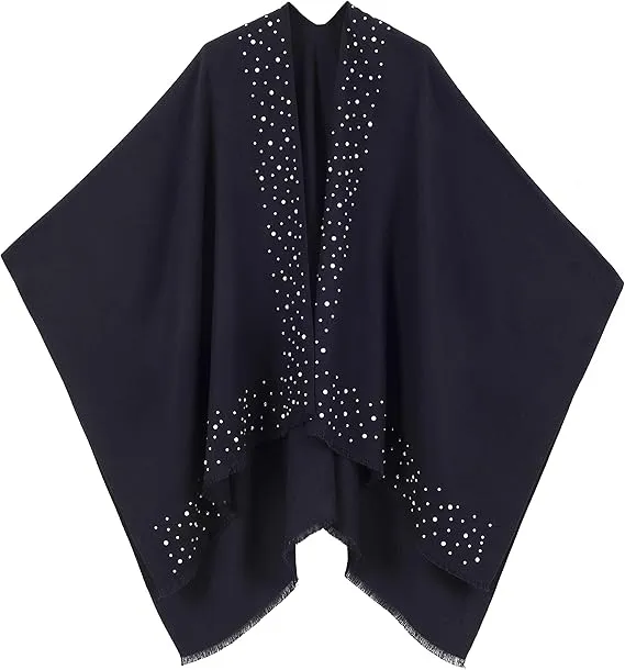 Gray-Blue Luxurious Knit Sweater Poncho Cardigan