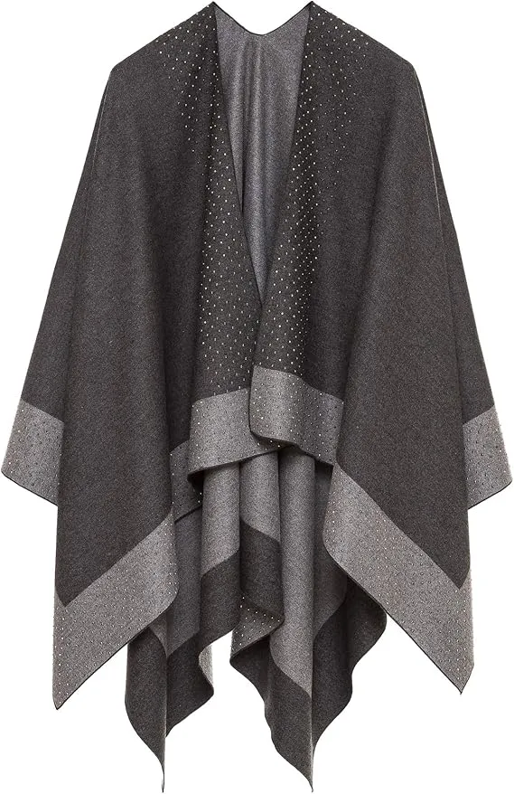 Gray-Blue Luxurious Knit Sweater Poncho Cardigan