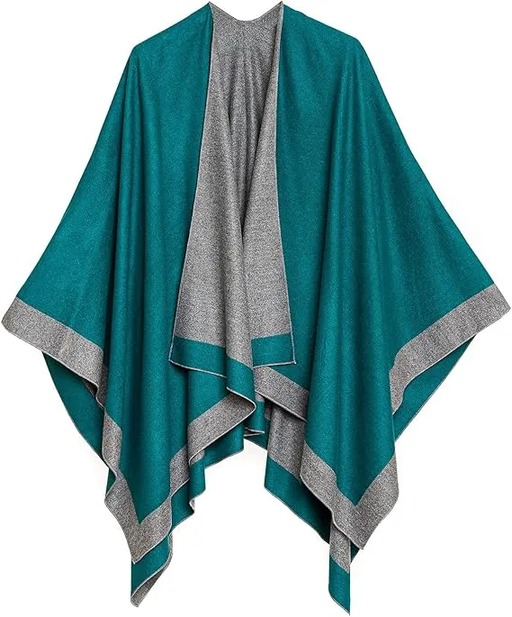 Gray-Blue Luxurious Knit Sweater Poncho Cardigan