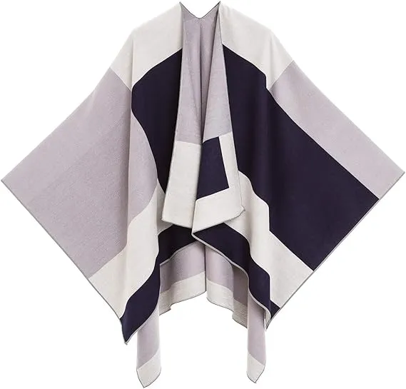 Gray-Blue Luxurious Knit Sweater Poncho Cardigan