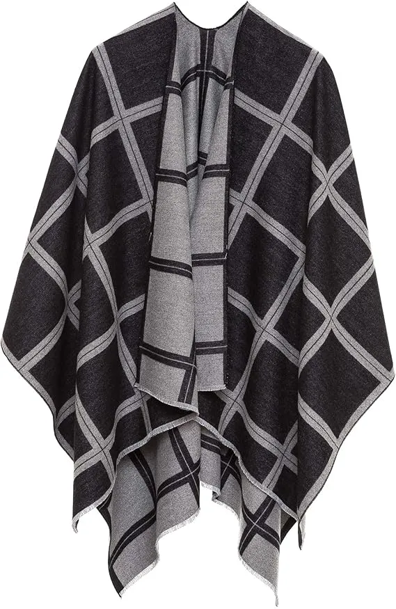 Gray-Blue Luxurious Knit Sweater Poncho Cardigan