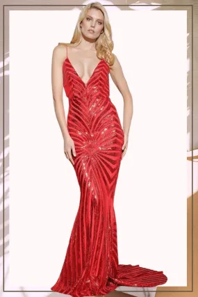 Mermaid Geometric Sequins Long Bridesmaid Dress - Red